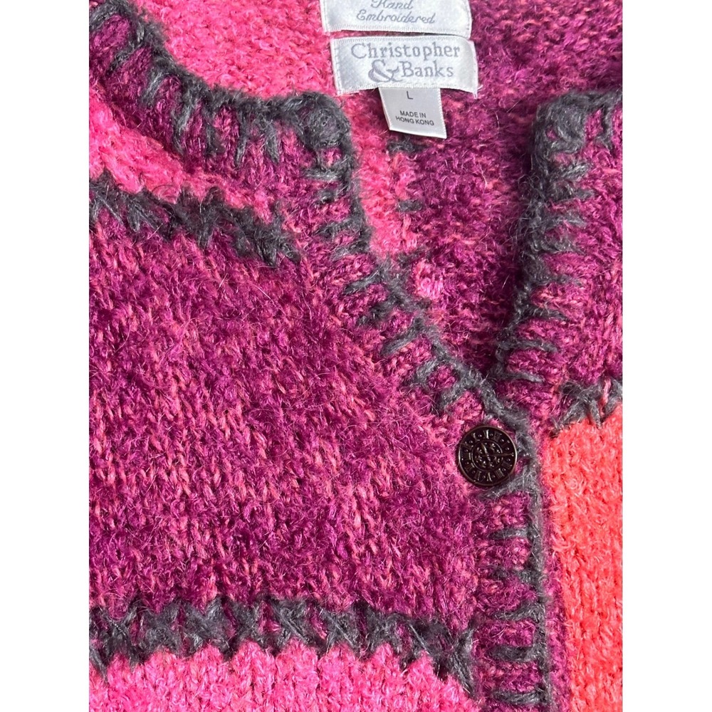 Christopher & Banks Vtg Mohair Blend Colorblock Cardigan Sz L Pink Purple Y2K EC - Picture 4 of 12